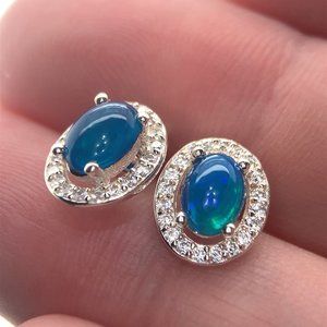Blue Opal 1.30ct Platinum Finish Solid 925 Sterling Silver Earrings